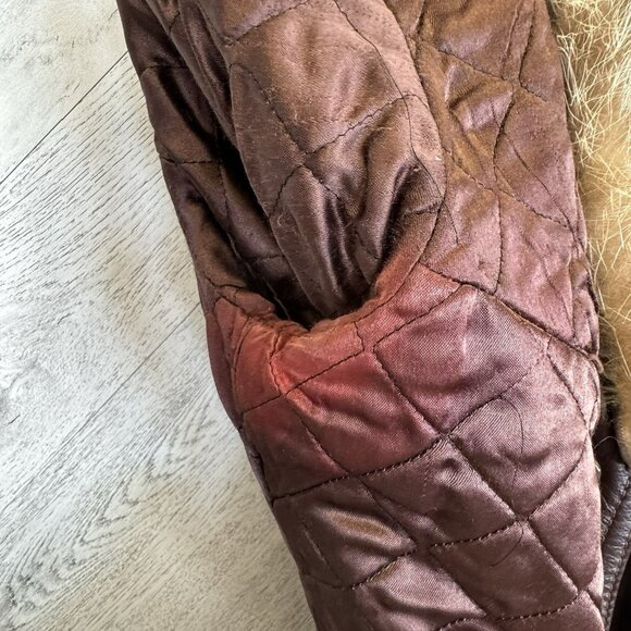 Vintage 70s Leather Trench Coat Womens Small Brown Belted Fur Trim Collar Boho - Picture 13 of 13
